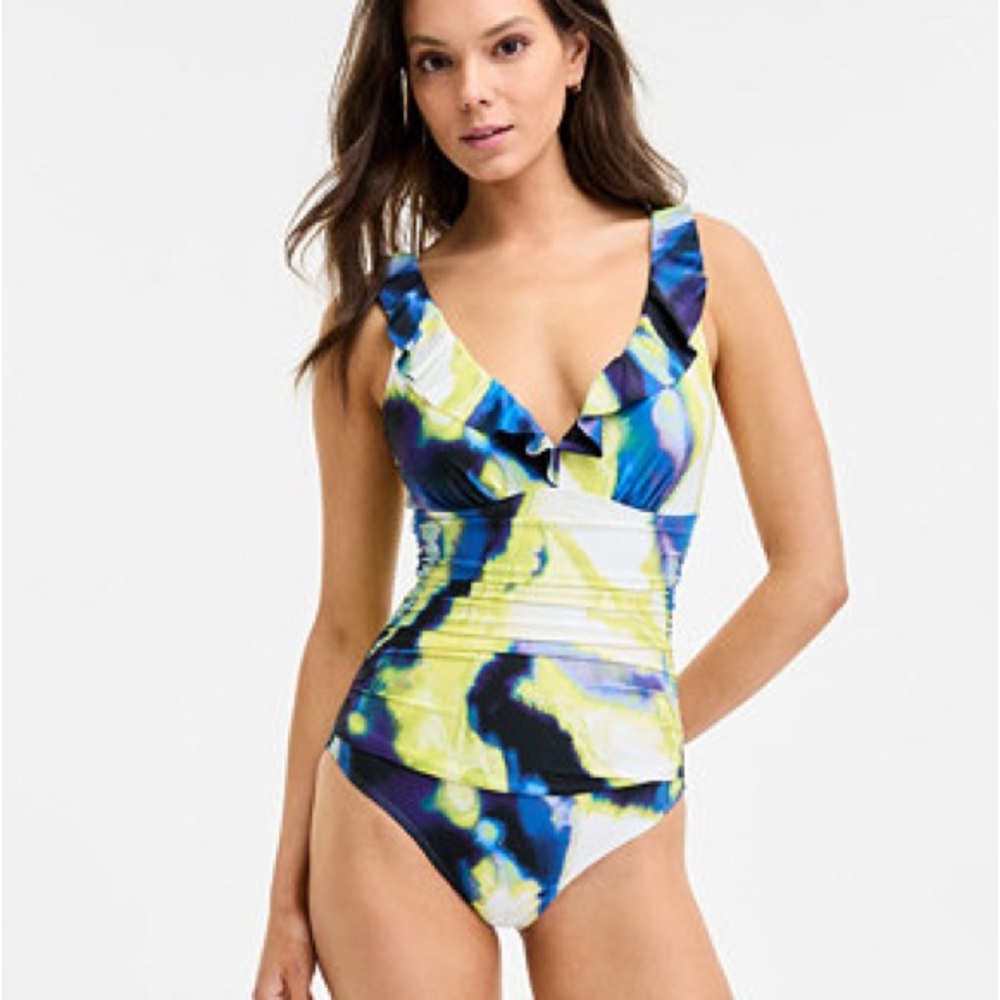 DKNY Ruffle Plunge Underwire Tummy Control One-Piece Swimsuit with Cups